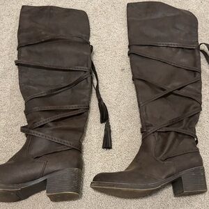 Sugar Dark Brown Over-the-Knee Wrap Tassel Boots